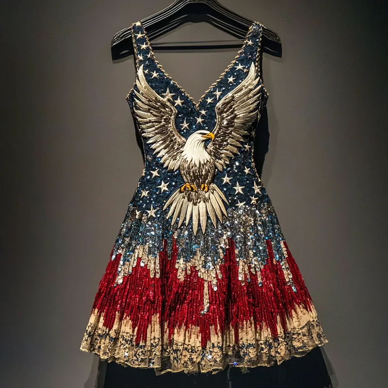 Women's Independence Day Flag Bald Eagle Print Sleeveless Dress
