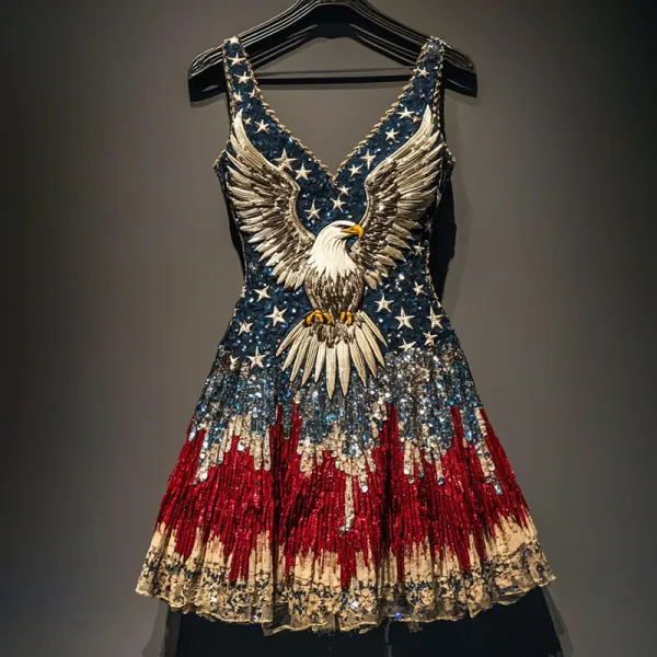 Women's Independence Day Flag Bald Eagle Print Sleeveless Dress