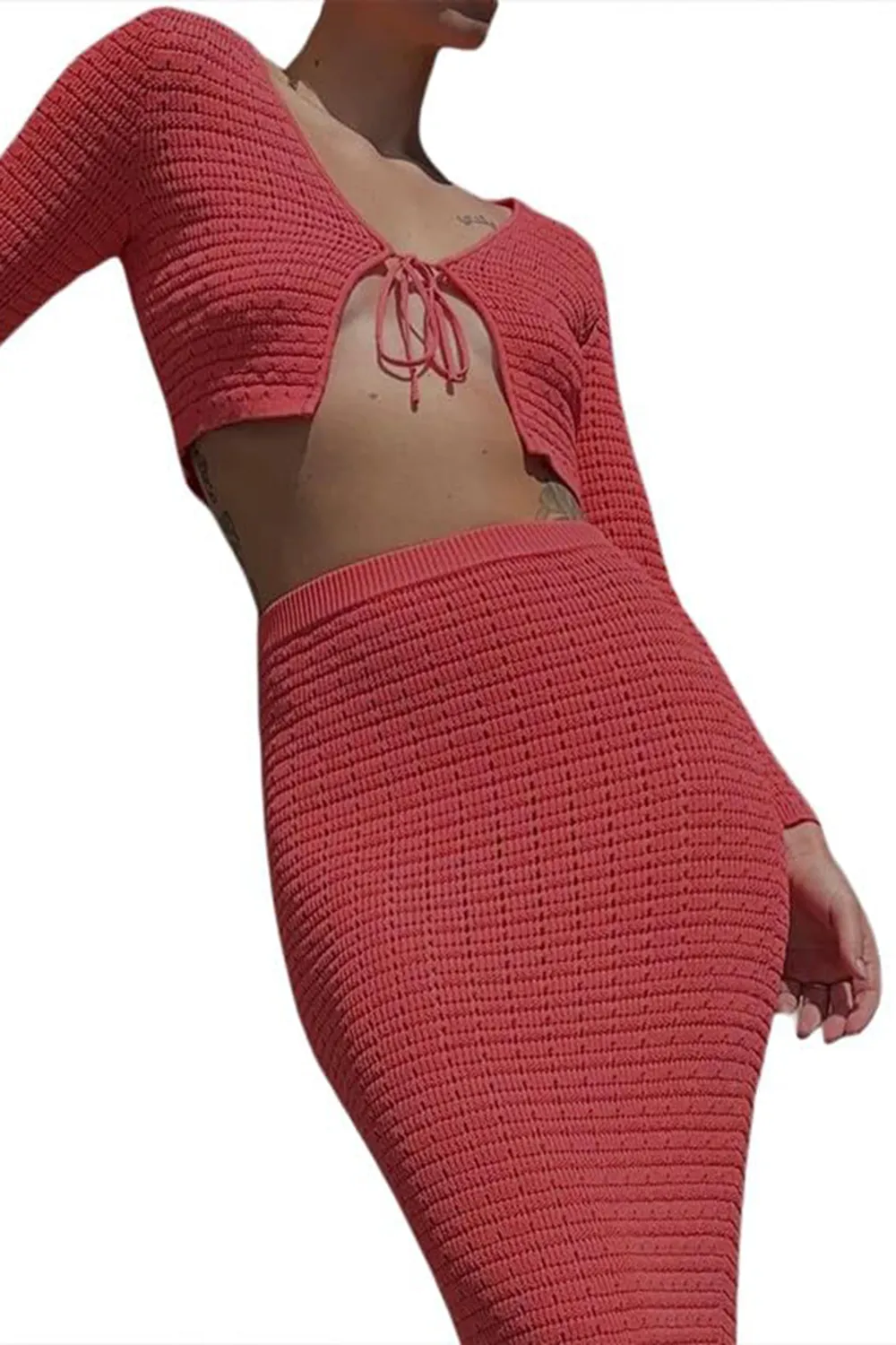 Crochet knitted hollow blouse and long skirt suit