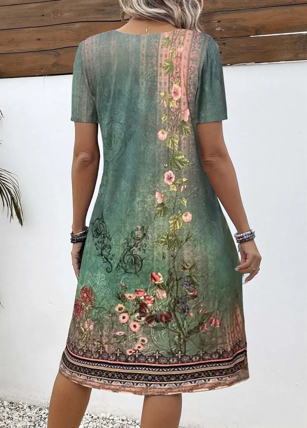 Green Button Floral Print A Line Short Sleeve Dress