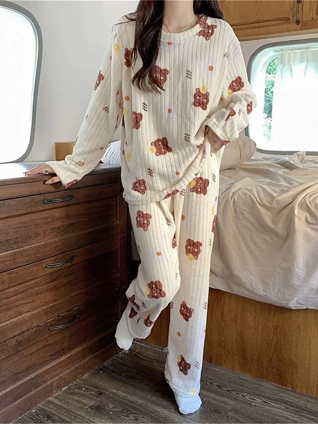 Women‘s Fleece Pajamas Sets Fluffy Fuzzy Warm Pajama Fruit Bear Plush Casual Comfort Home Daily Bed Coral Fleece Coral Velvet Warm Crew Neck Long Sleeve Pant Fall Winter Black bow Peach Pink