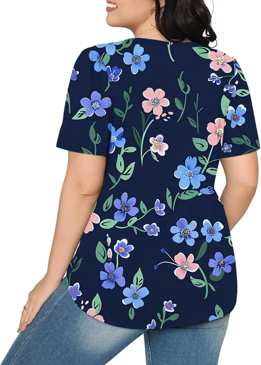 Womens Summer Pleated Front Shirts Tunics Casual Short Sleeved Loose Round Neck Boho Printed Tops Vacation Blouse