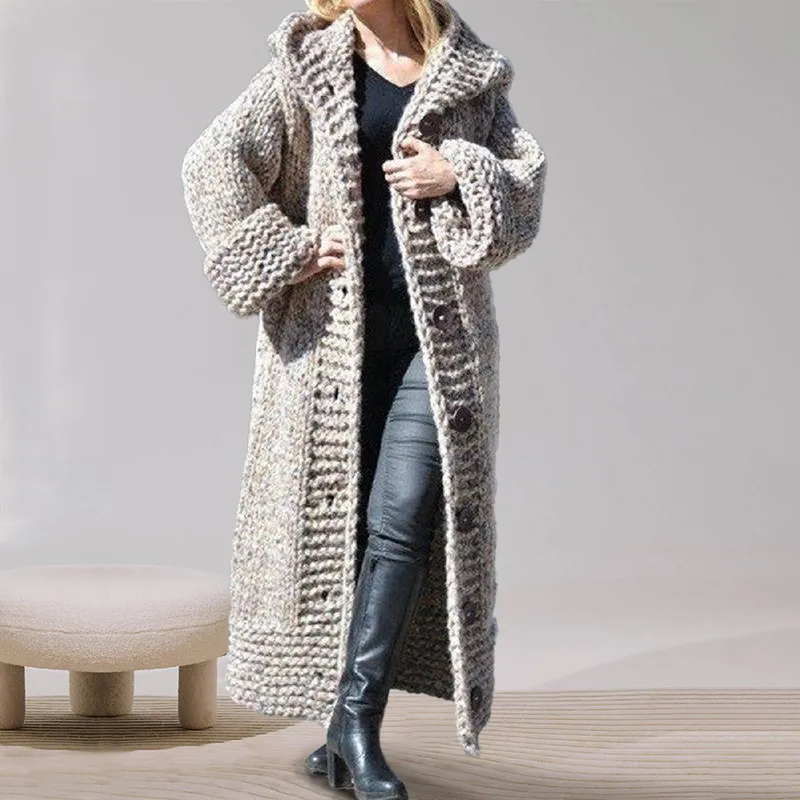 Oversized hooded cardigan long knitted jacket