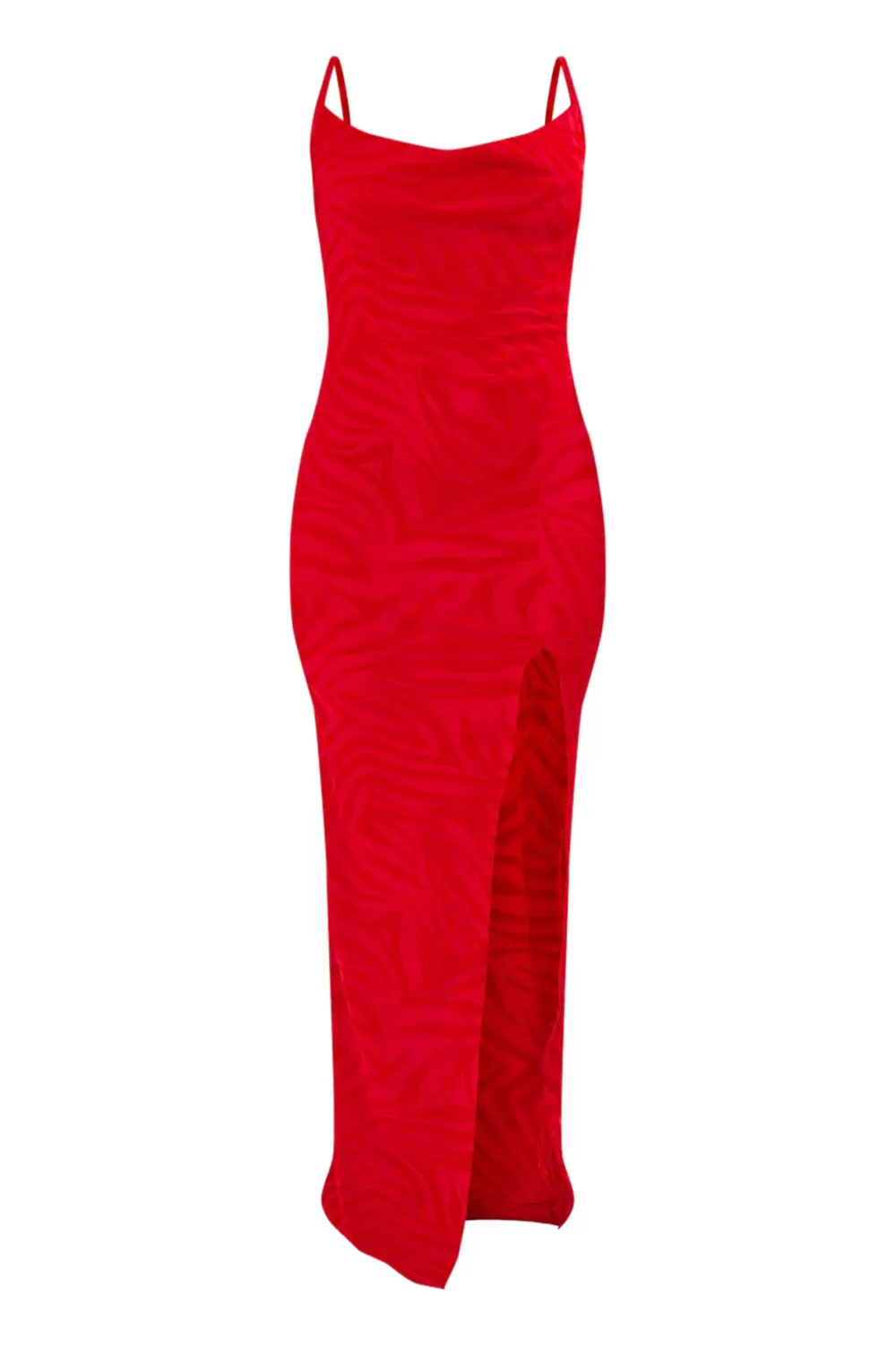 Red Zebra Flocked Mesh Strappy Cowl Maxi Dress