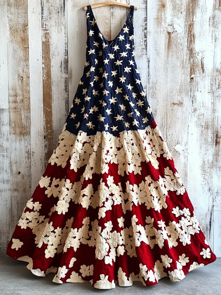 Women's Vintage Independence Day Flag Floral Art Linen Midi Dress