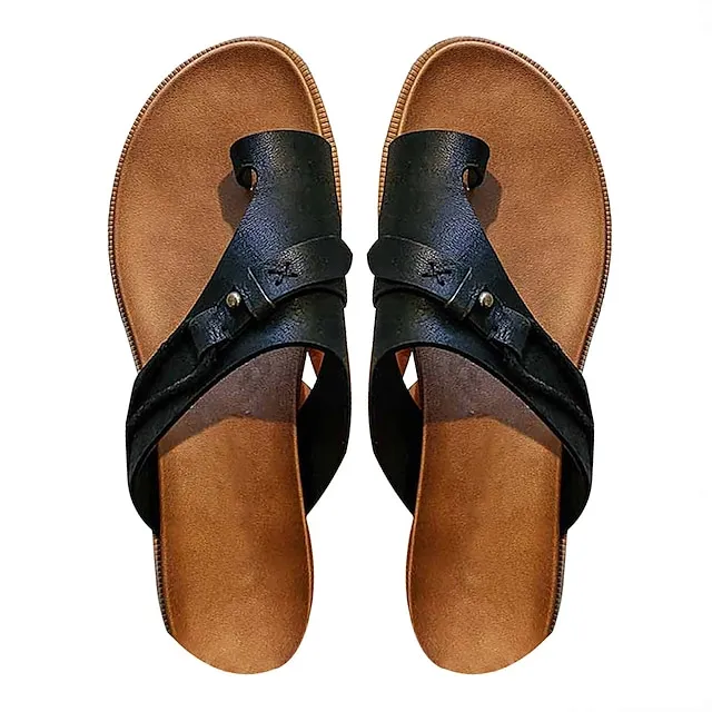 Women's Sandals Orthopedic Sandals Bunion Sandals Plus Size Daily Beach Summer Buckle Flat Heel Casual Faux Leather Loafer Solid Colored Black Brown Gray