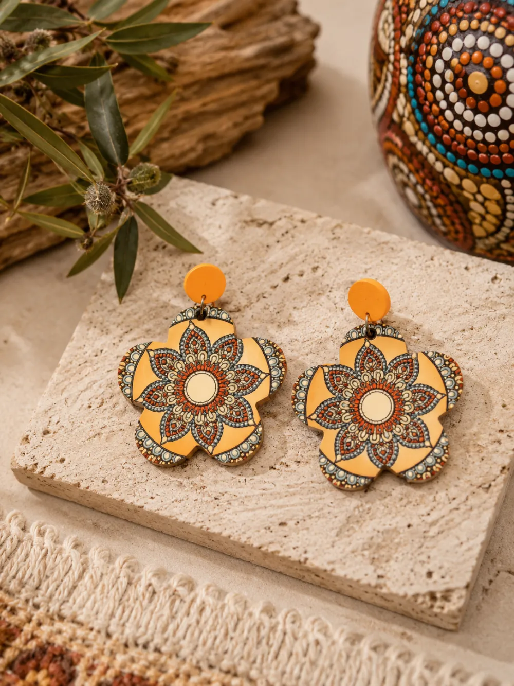 Indigenous Style Wooden Retro Art Geometric Printed Earrings