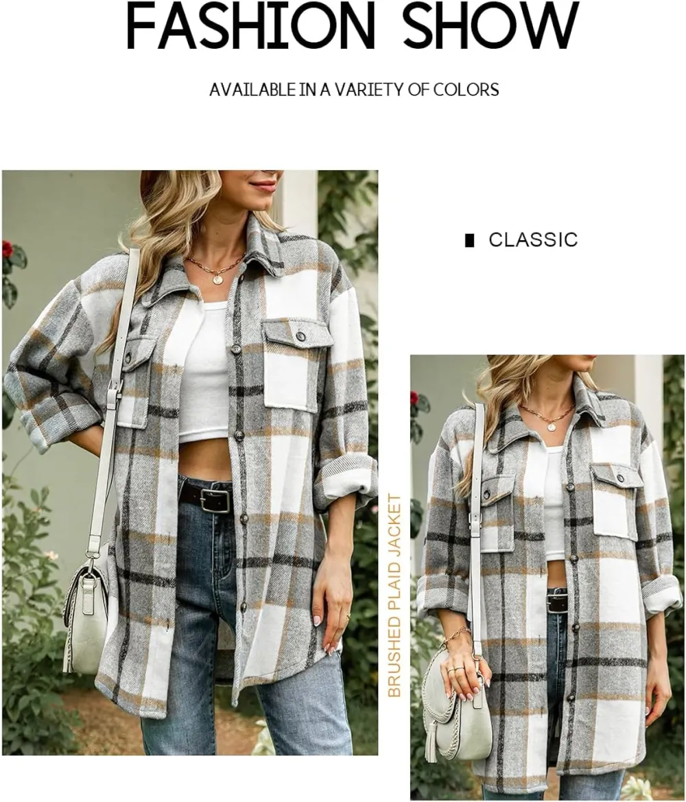 Women's Flannel Plaid Shacket Long Sleeve Button Down Chest Pocketed Shirts Jacket Coats