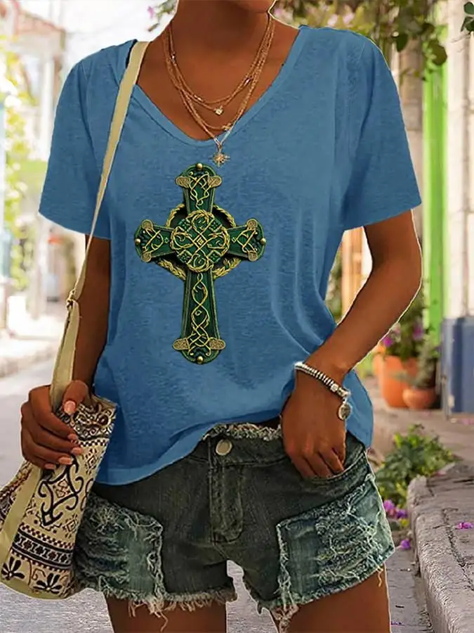 Women's St. Patrick's Day Shamrock Cross Art Print V-Neck T-Shirt