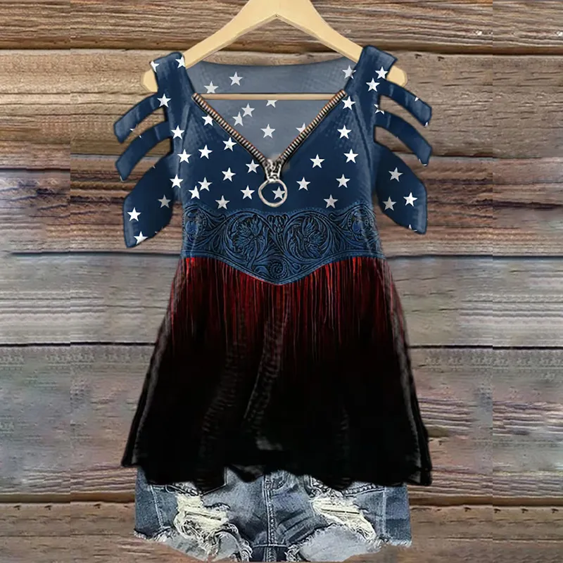 Women's Independence Day Flag Denim Blue Print V-neck T-shirt