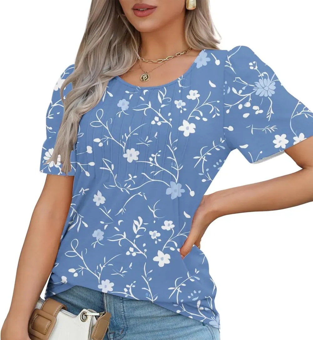 Womens Summer Pleated Front Shirts Tunics Casual Short Sleeved Loose Round Neck Boho Printed Tops Vacation Blouse