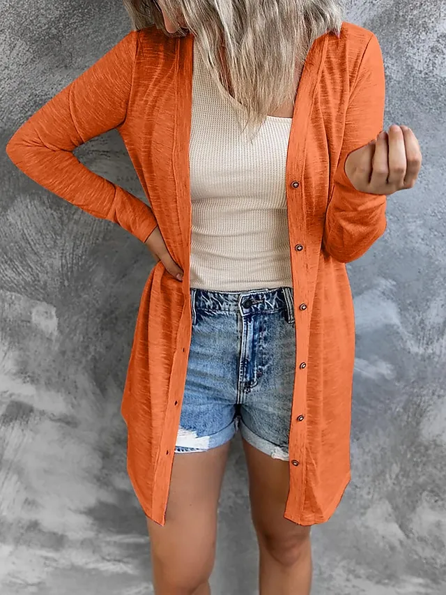 Women's Cardigan Sweater Cowl Ribbed Knit Polyester Button Summer Spring Outdoor Home Halloween Casual Soft Long Sleeve Solid Color Black White Light Green S M L