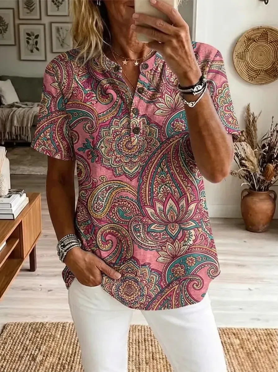 Women's Nashville Paisley Floral Printed Button V-Neck Top