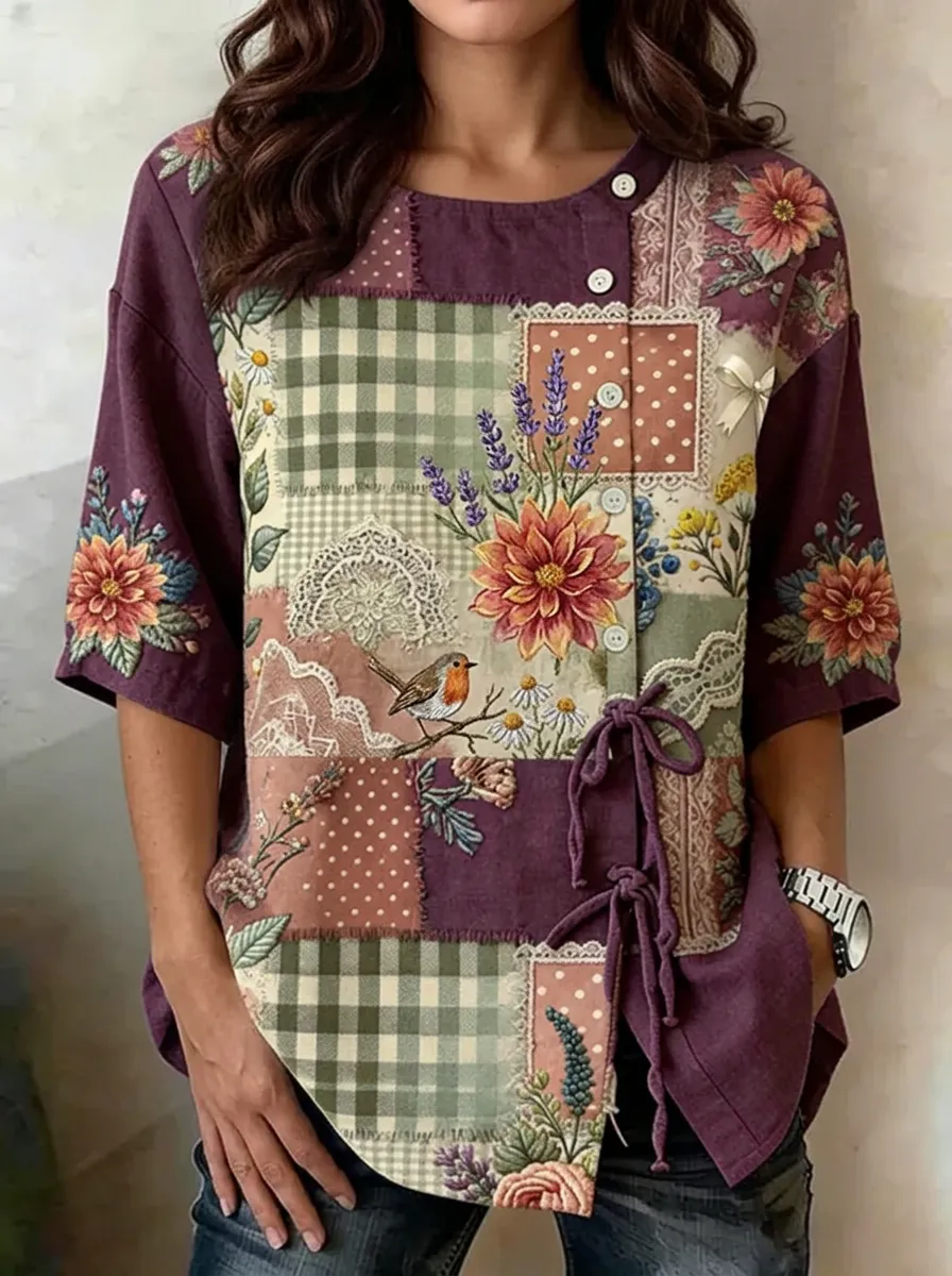 Women's Nashville Floral Bird Patchwork Printed Top