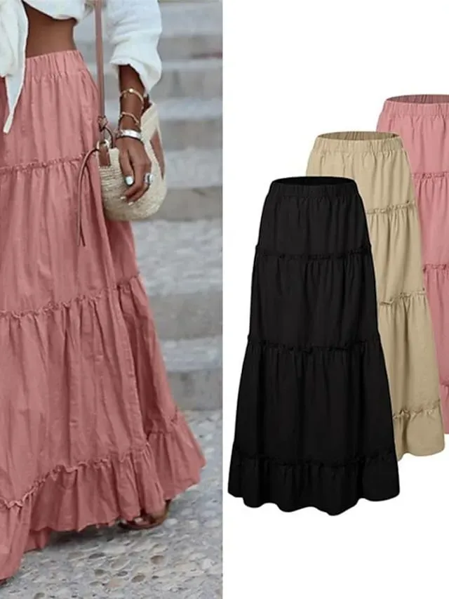 Women's Skirt Swing Maxi Cotton Blend Black Pink khaki Skirts Ruffle Fashion Casual Daily S M L
