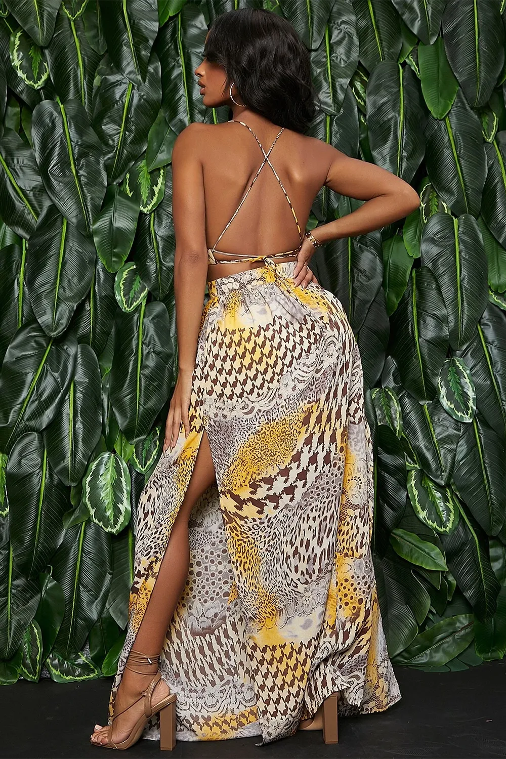 Print Criss Cross Backless Split Thigh Dress