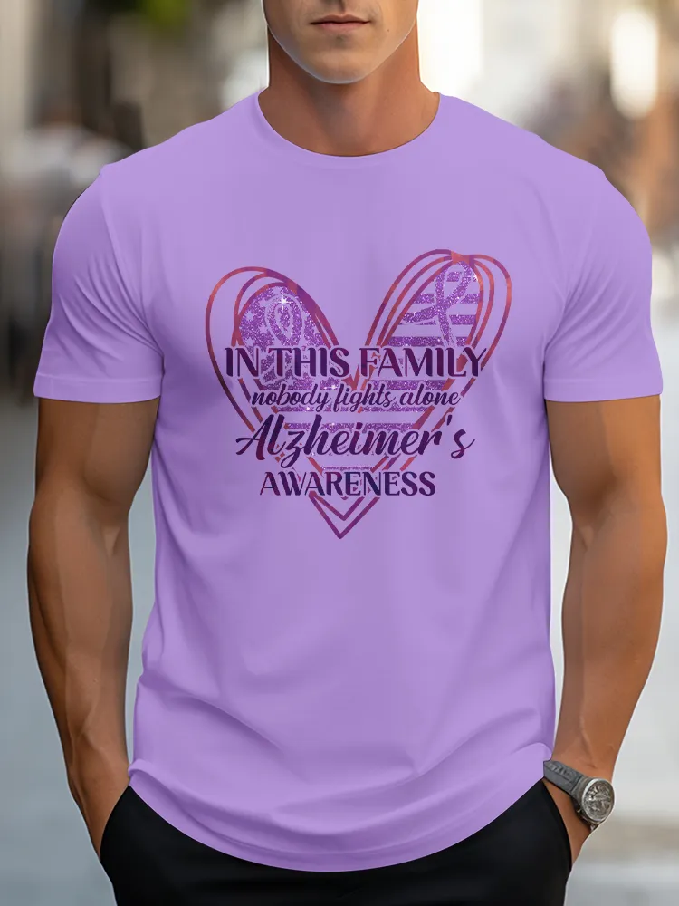 Men'S Round-Neck Short-Sleeved T-Shirt In This Family Nobody Fights Alone Alzheimer'S Awareness Prints