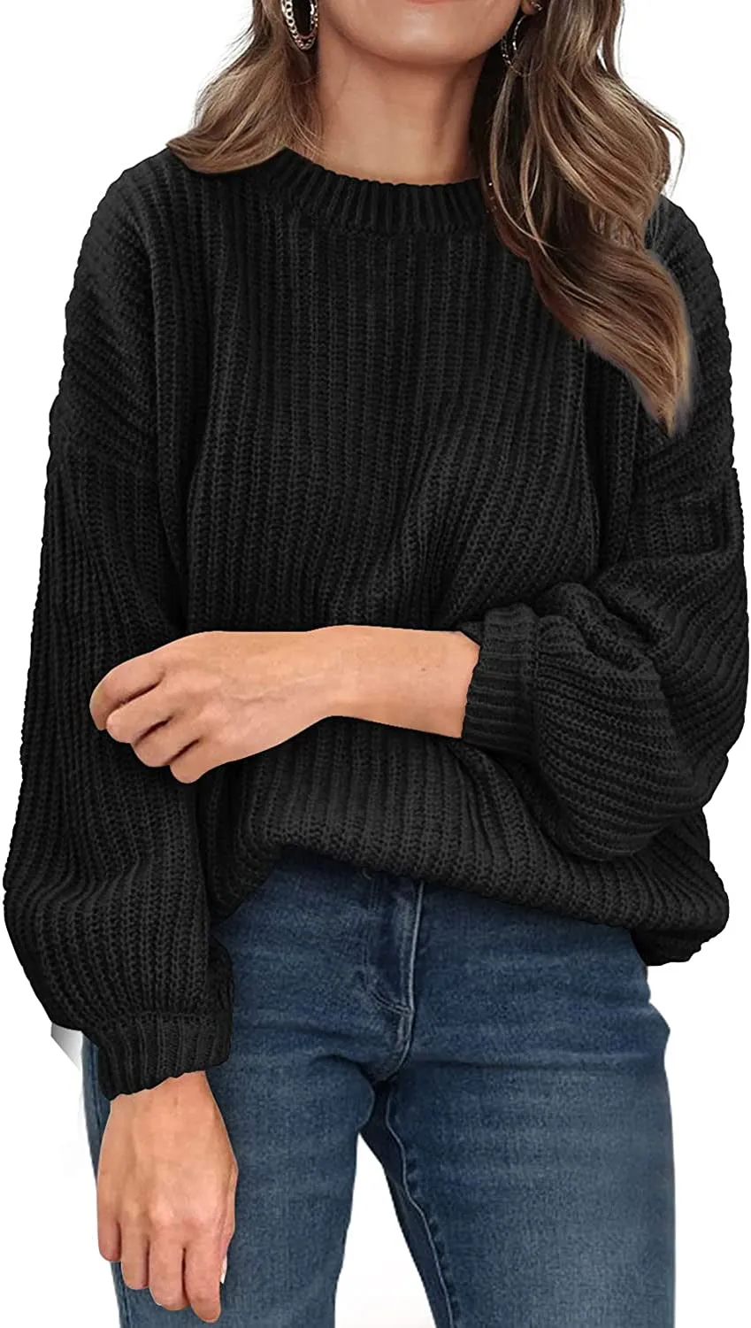 Women's Crew Neck Loose Drop Shoulder Lantern Sleeve Casual Solid Color Knit Pullover Sweater