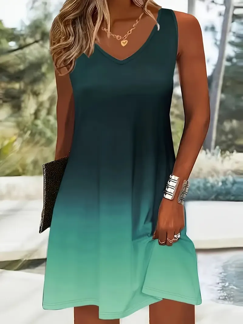 Holiday Cheer, Elegant Gradient Sleeveless Midi Dress for Women - Casual V-Neck, Polyester and Spandex Blend, Perfect for All Seasons, Machine Washable
