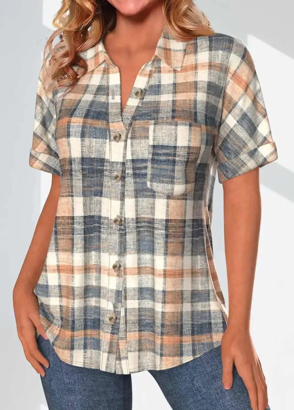 Multi Color Button Plaid Short Sleeve Blouse