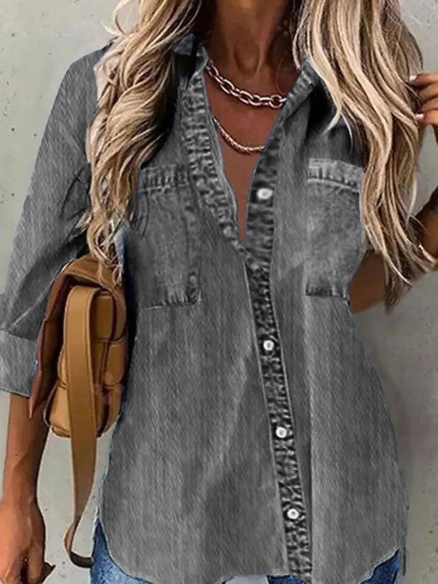 Casual Loose Solid Denim Blue Long Sleeve Blouse