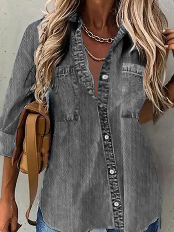 Casual Loose Solid Denim Blue Long Sleeve Blouse
