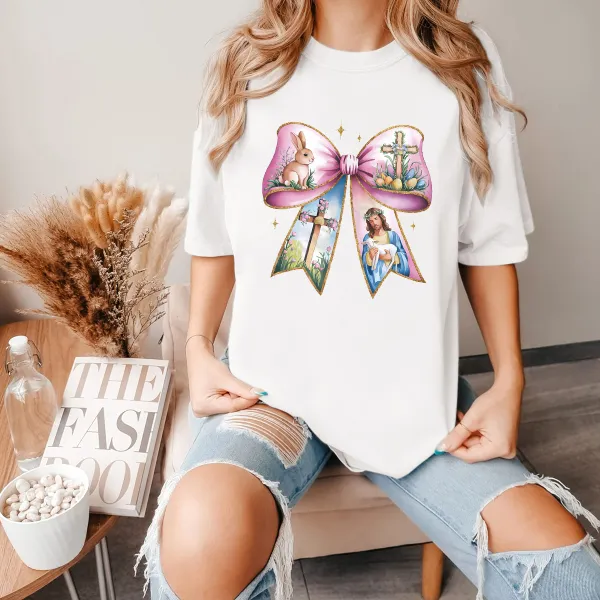Easter Jesus Bunny Sheep Printed Round Neck Short Sleeve T-Shirt