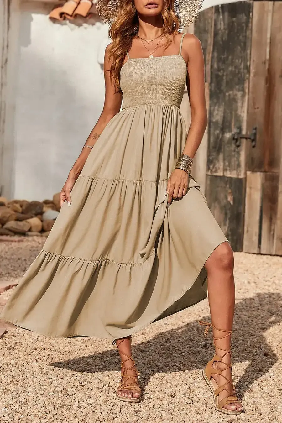 Sleeveless Spaghetti Strap Smocked Tiered Maxi Dress