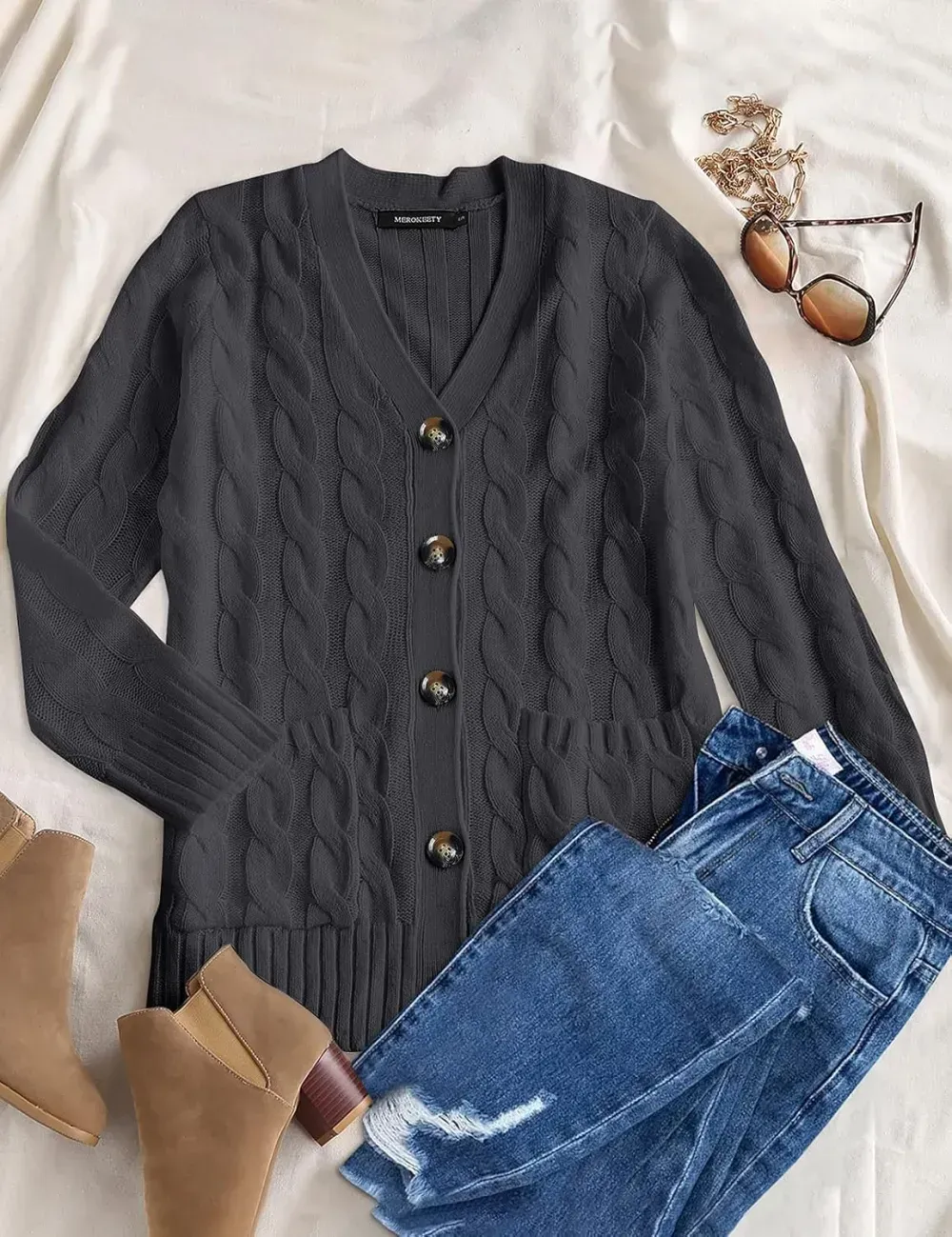 MEROKEETY Women's 2024 Fall Long Sleeve Cable Knit Sweater Open Front Cardigan Button Loose Outerwear