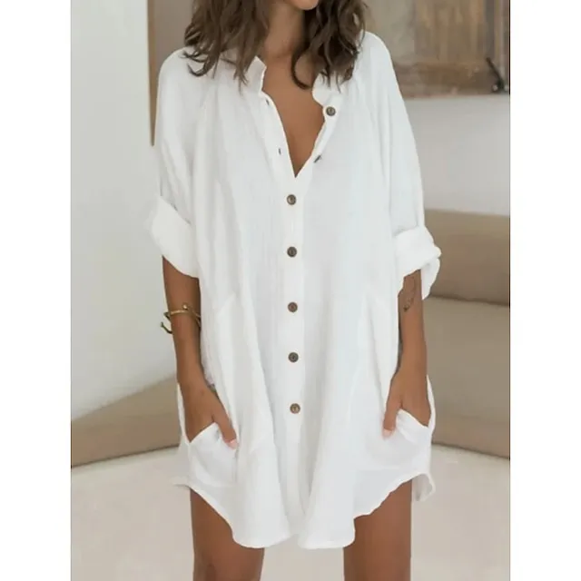 Women's Shirt Dress Casual Dress Mini Dress White Green Long Sleeve Pure Color Button Fall Spring Summer Shirt Collar Basic Daily Fall Dress Loose Fit 2023 M L XL 2XL 3XL