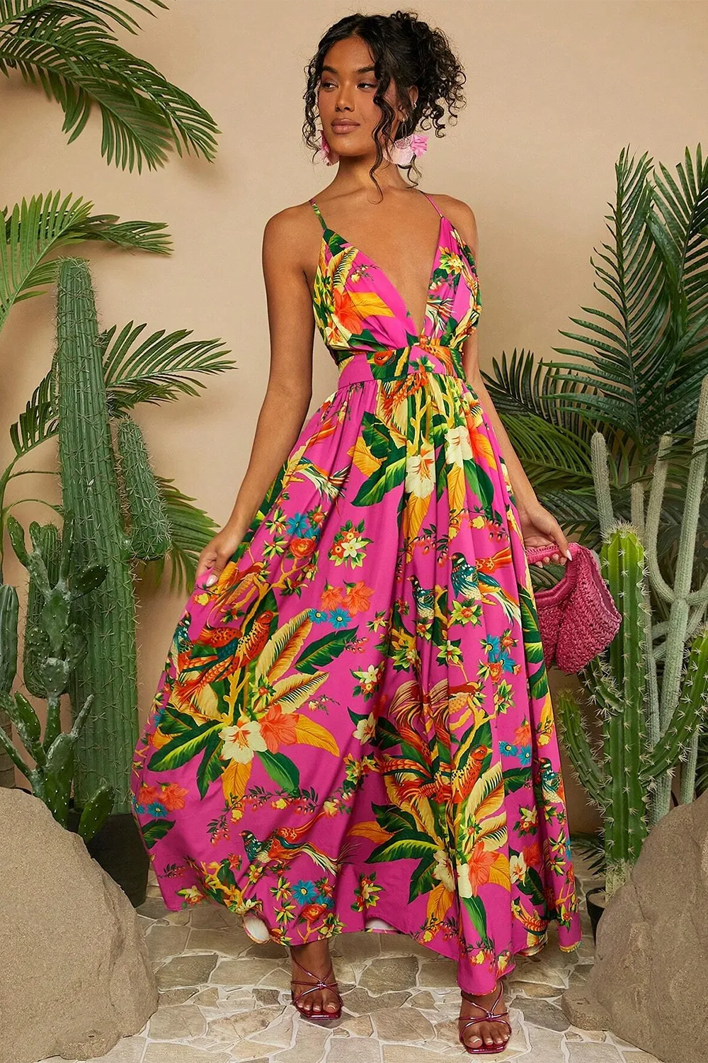 Women's Plant Printed Spaghetti Strap Dress