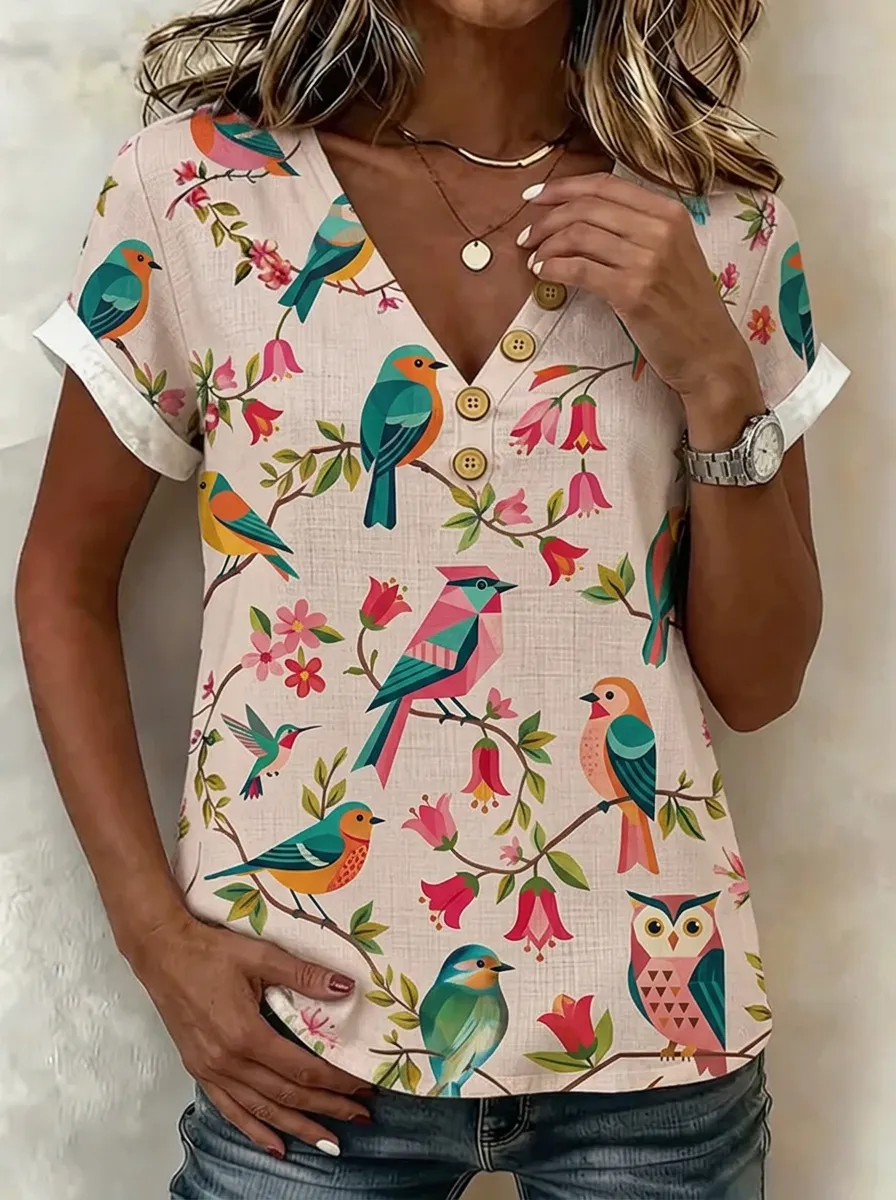 Women's Nashville Bird Floral Pattern Printed V-neck Top