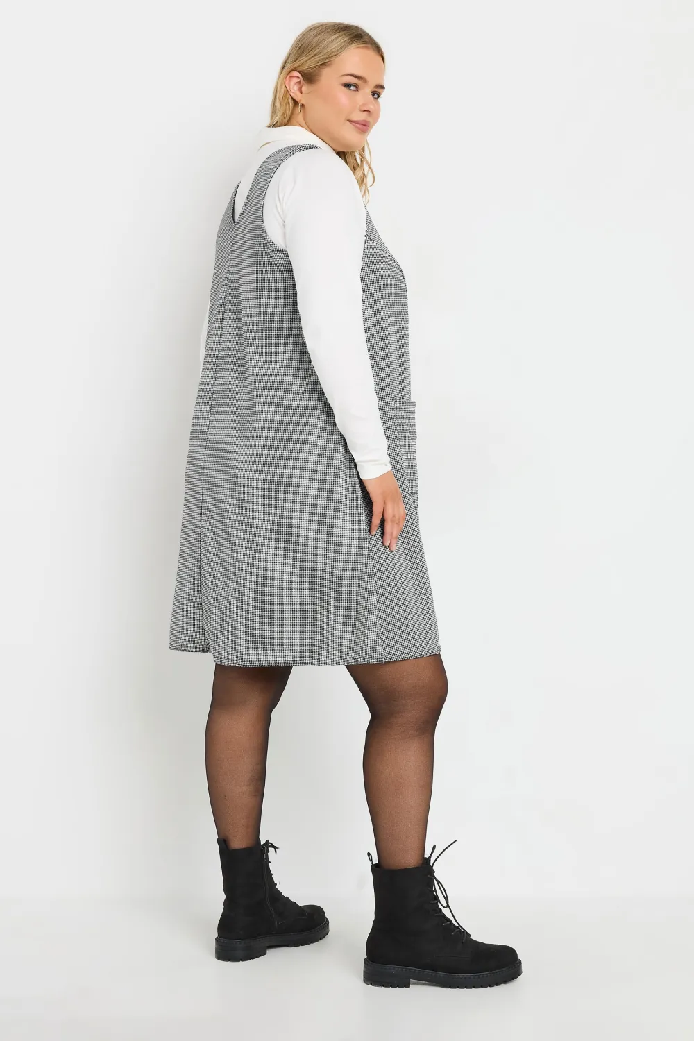 YOURS Curve Grey Check Print Button Through Pinafore Dress