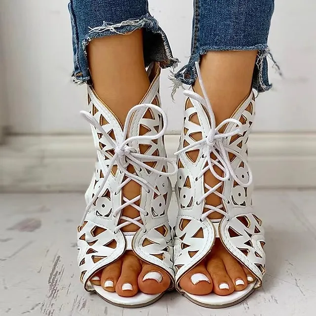 Women's Sandals Gladiator Sandals Roman Sandals Plus Size Outdoor Daily Beach Summer Lace-up Flat Heel Peep Toe Vintage Classic Casual Faux Leather Lace-up Solid Color Black White Brown