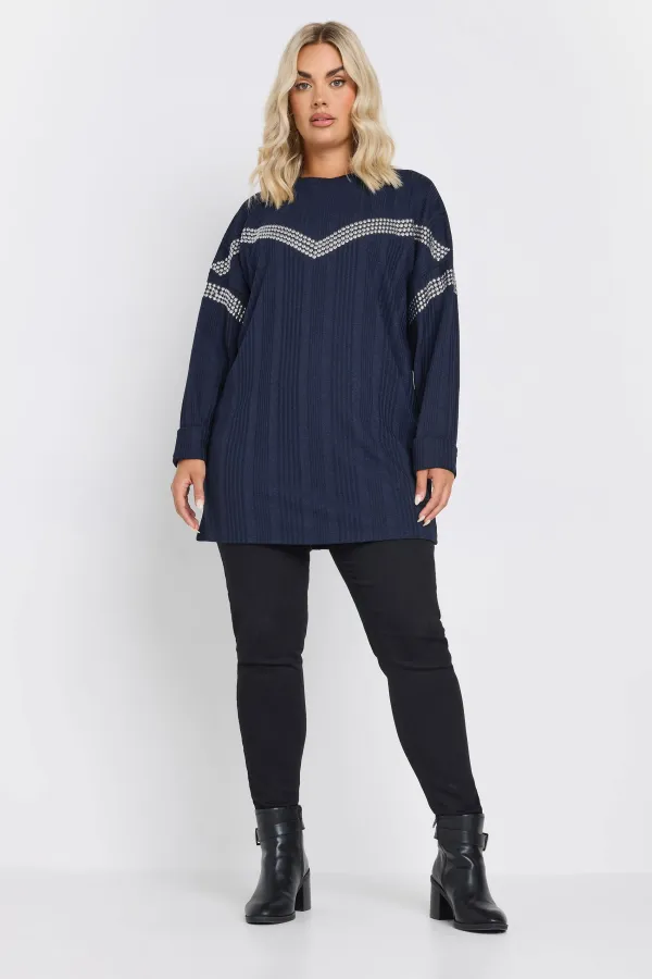 YOURS Curve Grey Ribbed Chevron Stud Jumper