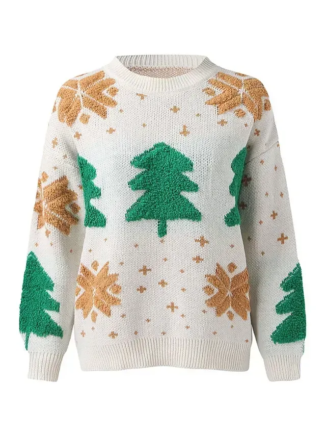 Women's Ugly Christmas Sweater Pullover Sweater Jumper Crew Neck Ribbed Knit Polyester Patchwork Fall Winter Regular Outdoor Xmas Daily Stylish Casual Soft Long Sleeve Elk Striped Snowflake