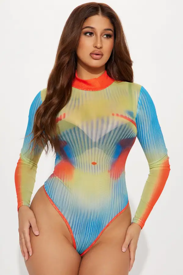 Heating Things Up Mesh Bodysuit - Orange/combo