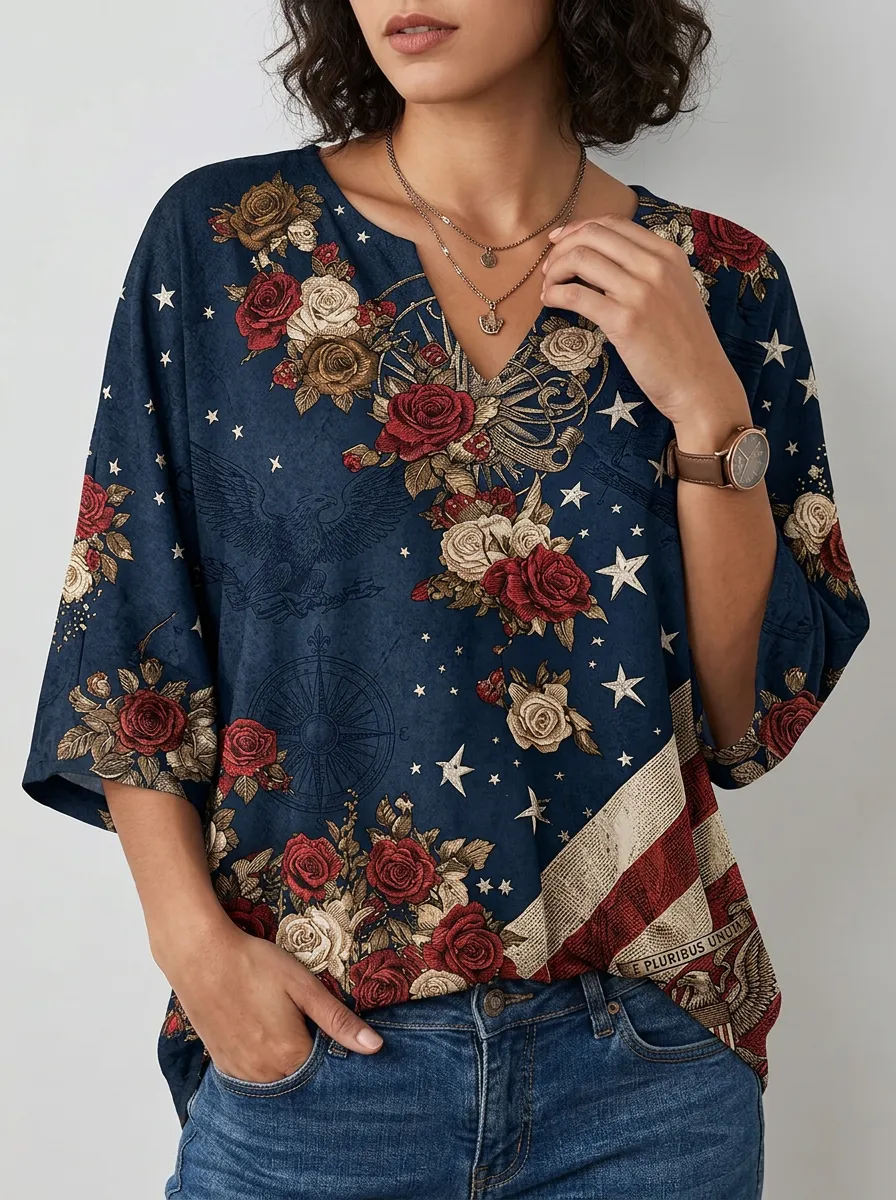 Women's Nashville Rose Eagle Flag Printed V-neck Top