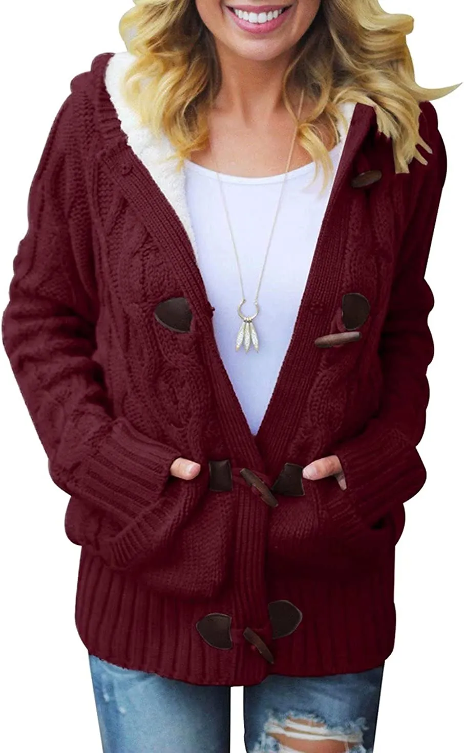 Womens Hooded Cardigans Button Up Cable Knit Sweater Coat Outerwear with Pockets
