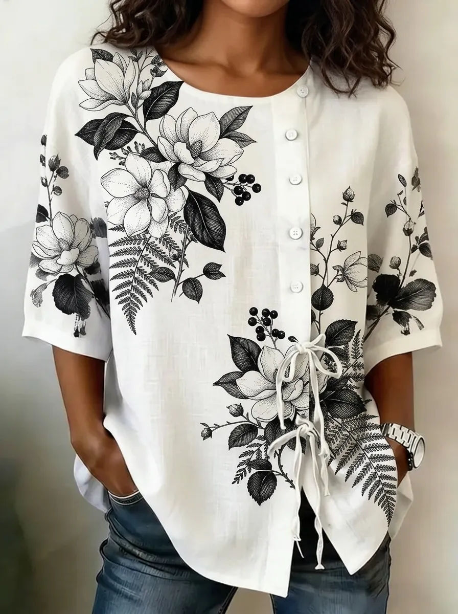 Women's Nashville Floral Botanical Printed Button-Up Top