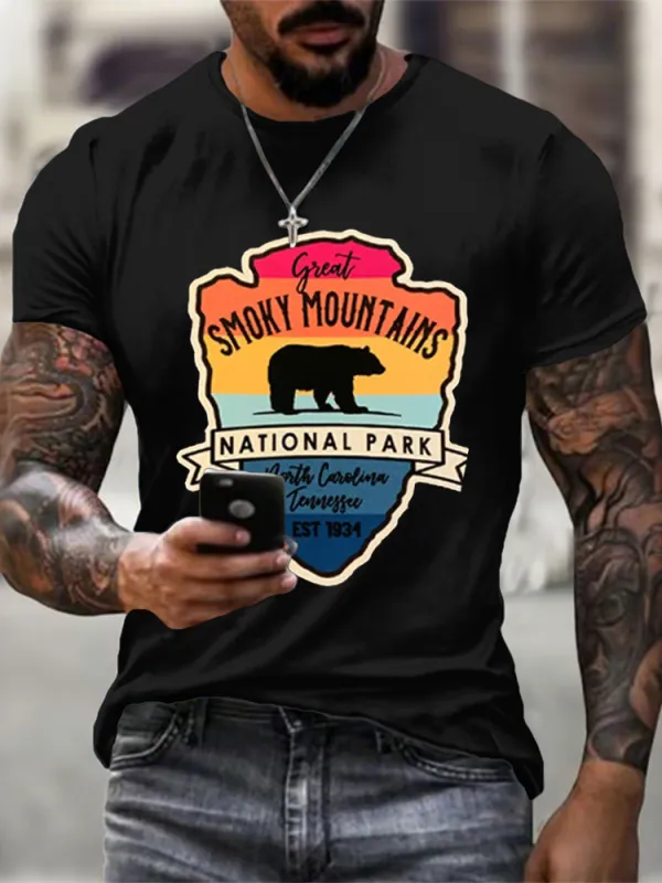 Men'S Round-Neck Short-Sleeved T-Shirt With Great Smoky Mountains National Parks Prints