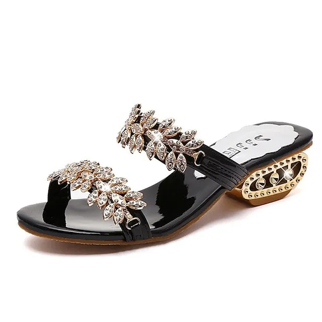 Women's Sandals Sparkly Sandals Outdoor Daily Beach Summer Sparkling Glitter Chunky Heel Open Toe Elegant Sweet Walking Shoes PU Leather Loafer Solid Colored Black Silver Gold