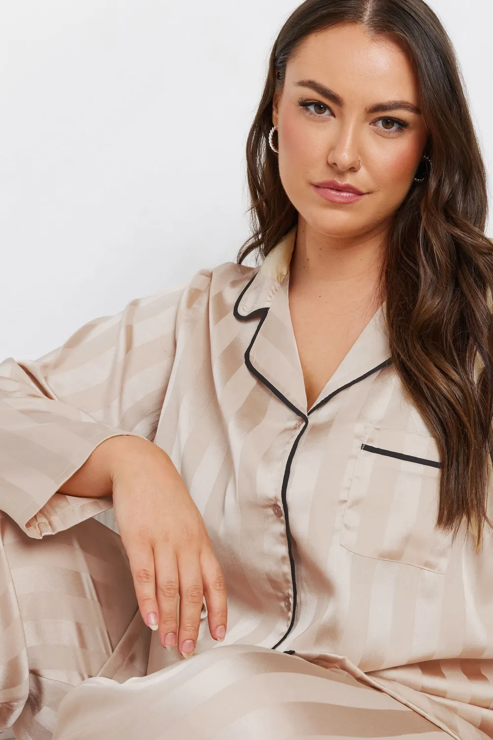 YOURS Curve Champagne Gold Jacquard Stripe Satin Pyjama Set