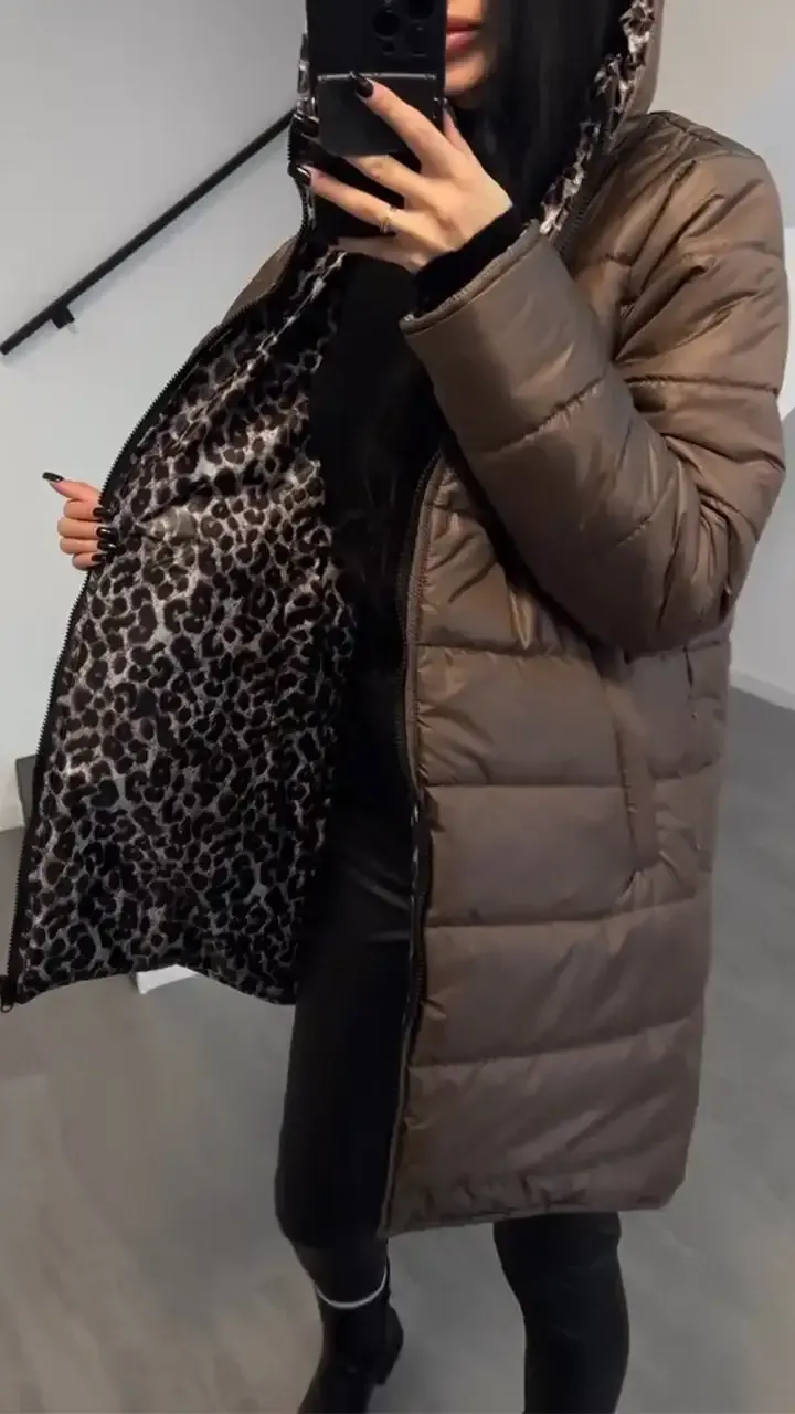 Women's Hooded Leopard  + Solid Color Double-Sided Cotton Coat