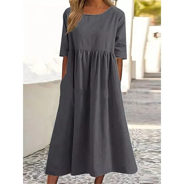 Women's Casual Dress Cotton Dress Swing Dress Midi Dress Cotton Basic Casual Outdoor Daily Crew Neck Pocket Smocked Half Sleeve Summer Spring Fall 2023 Loose Fit Light Blue Black White Pure Color S M