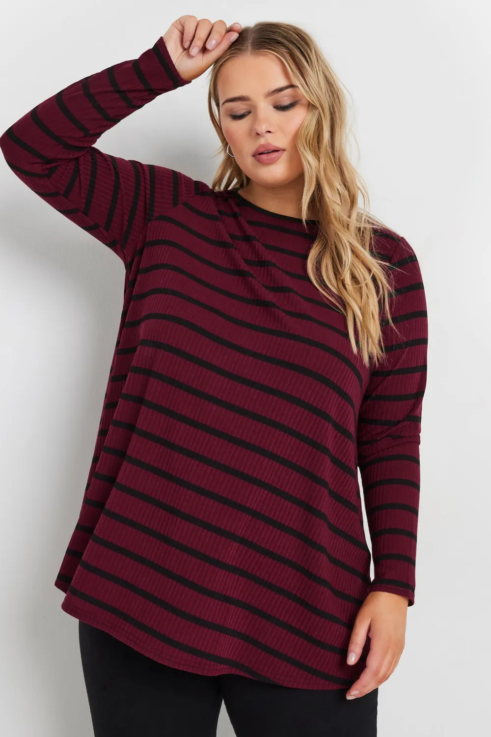 YOURS Curve Black Long Sleeve Ribbed Swing Top