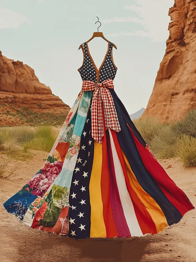 Women's Independence Day American Flag 4th Of July Floral Patchwork Rainbow Art  Sleeveless Dress