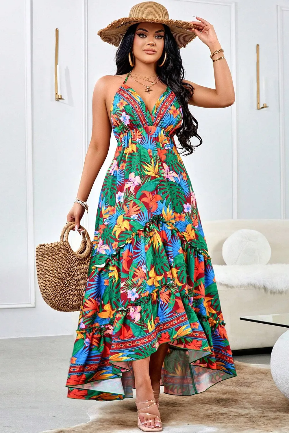 Print Tie Backless Halter Dresses