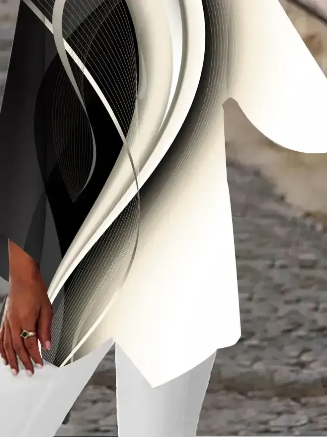 Women Asymmetrical 3/4 Sleeve Scoop Neck Striped Stitching Tops