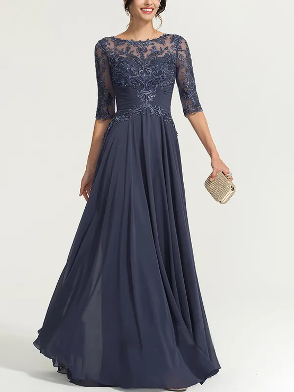 Round neck and floor-length chiffon sequined evening dress